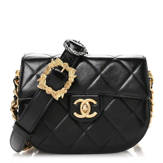 Chanel Shiny Calfskin Quilted Buckle Moon Messenger Bag Black - NEESTRA
