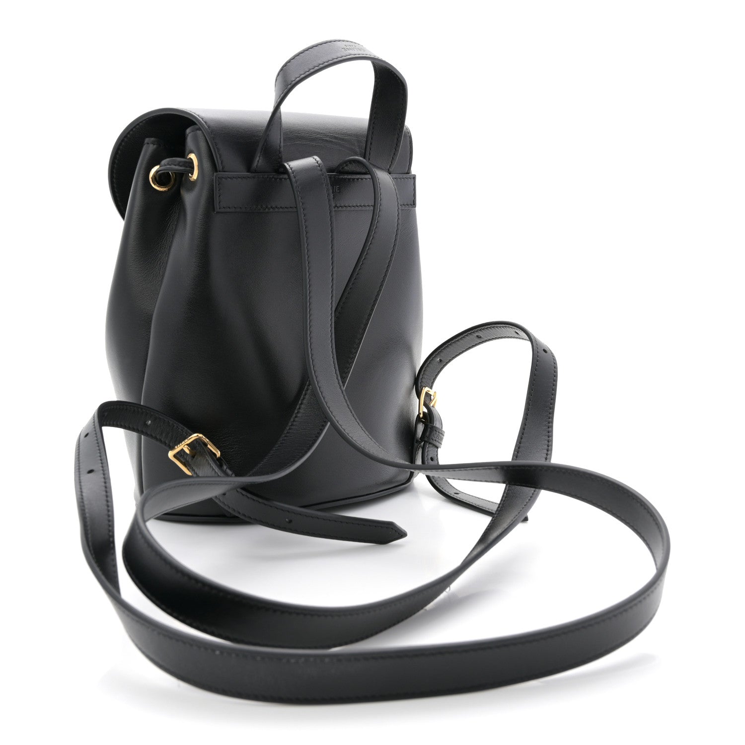 Celine Triomphe calfskin Bonnie backpack in black with adjustable shoulder straps.