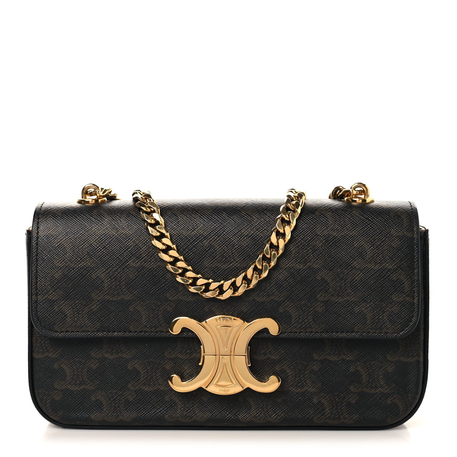 Celine Triomphe canvas shoulder bag with gold chain strap, flap and gold C emblem