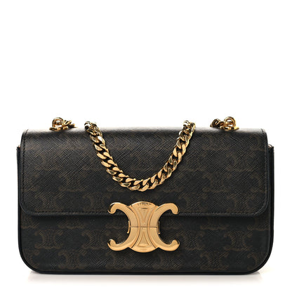 Celine Triomphe canvas shoulder bag with gold chain strap, flap and gold C emblem