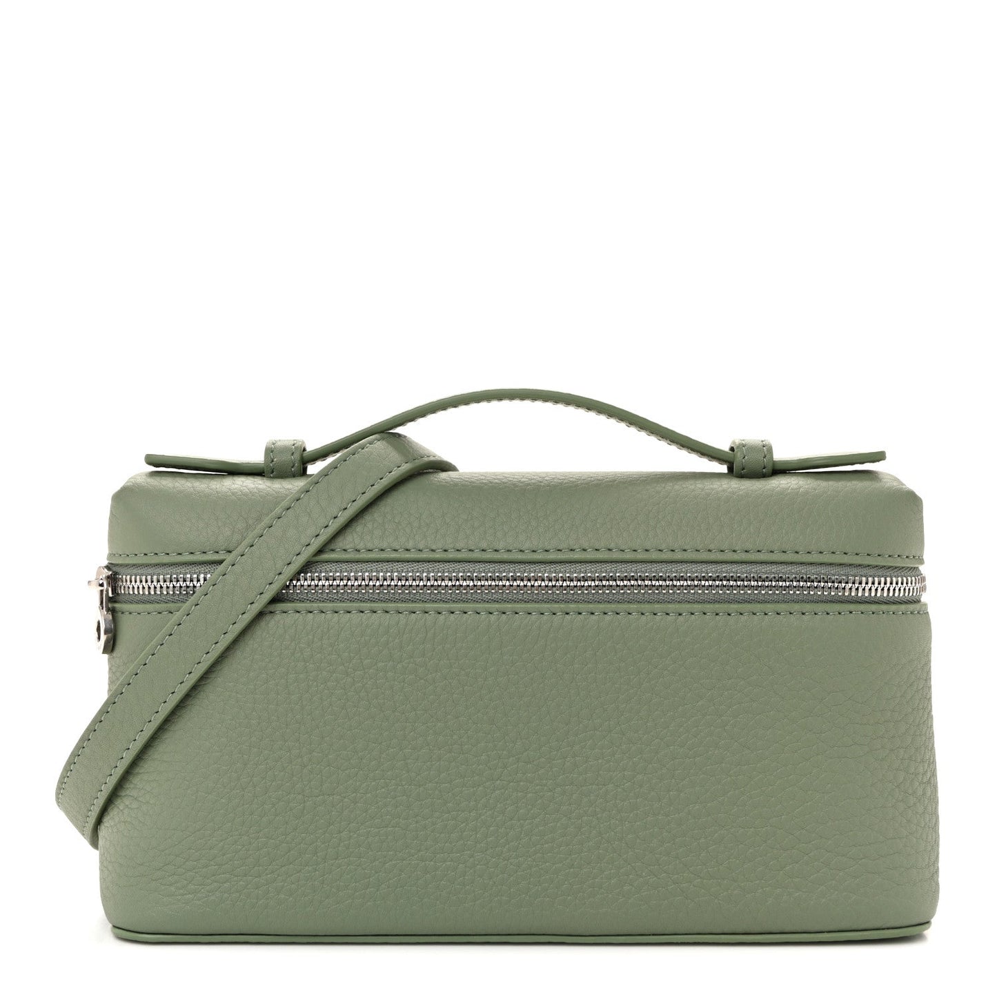 Sage green grained calfskin pouch with top zip and adjustable crossbody strap