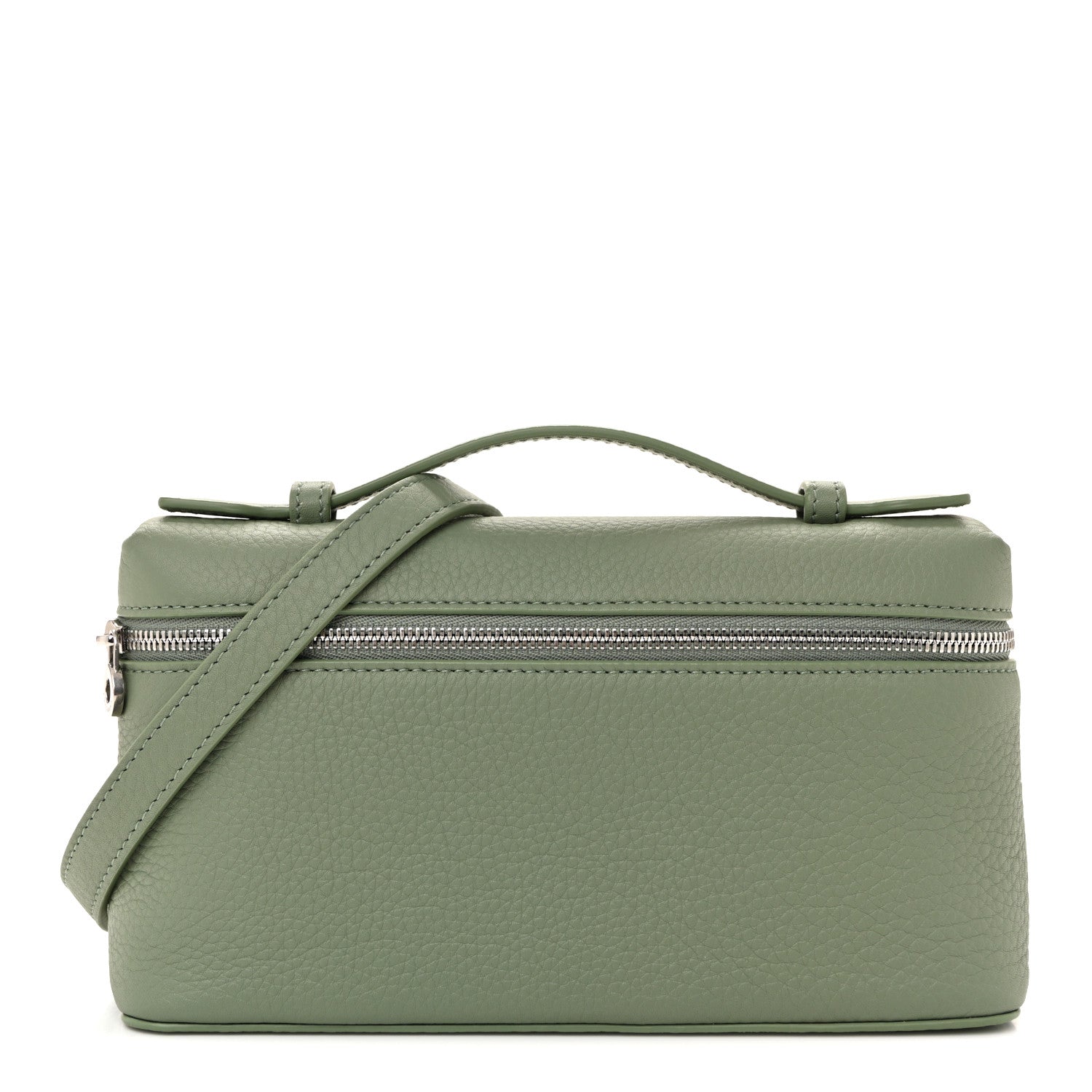 Sage green grained calfskin pouch with top zip and adjustable crossbody strap