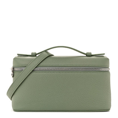Sage green grained calfskin pouch with top zip and adjustable crossbody strap
