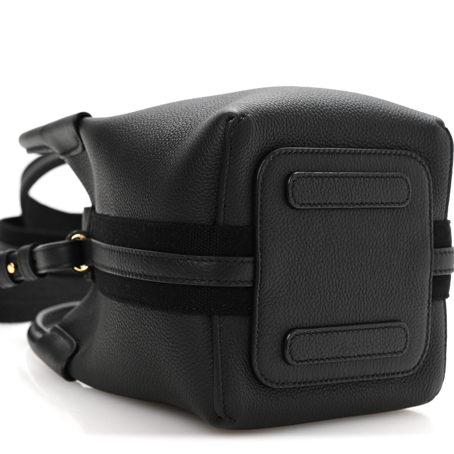 Black grained leather micro bale bag with flap pocket, strap and gold-tone buckle