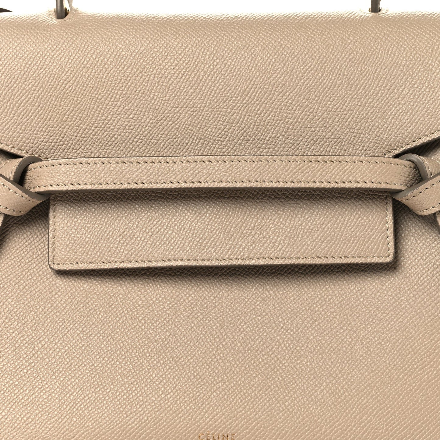 Celine light taupe micro belt bag front flap detail with adjustable belt strap