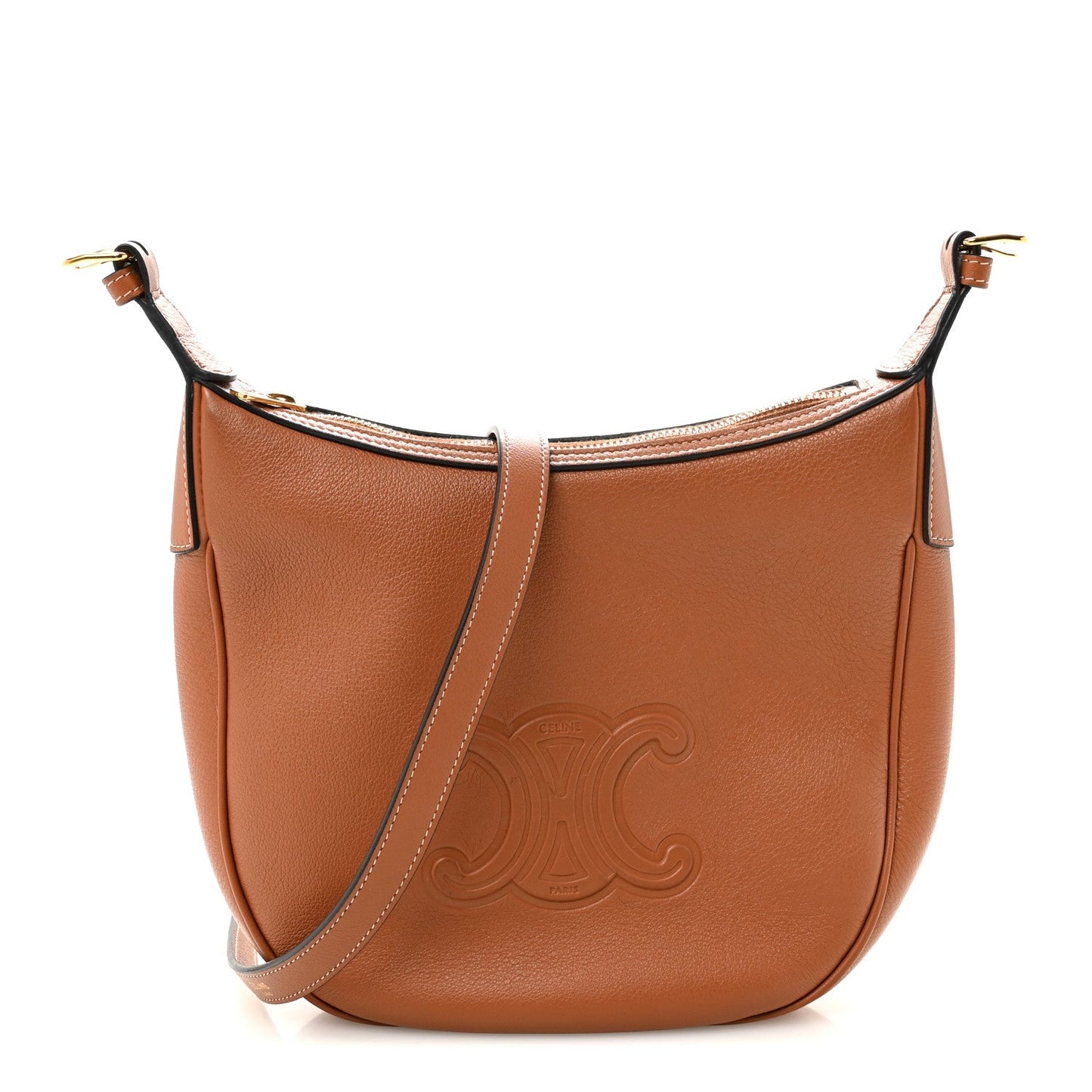 Tan leather hobo shoulder bag with embossed C logo and dual shoulder straps