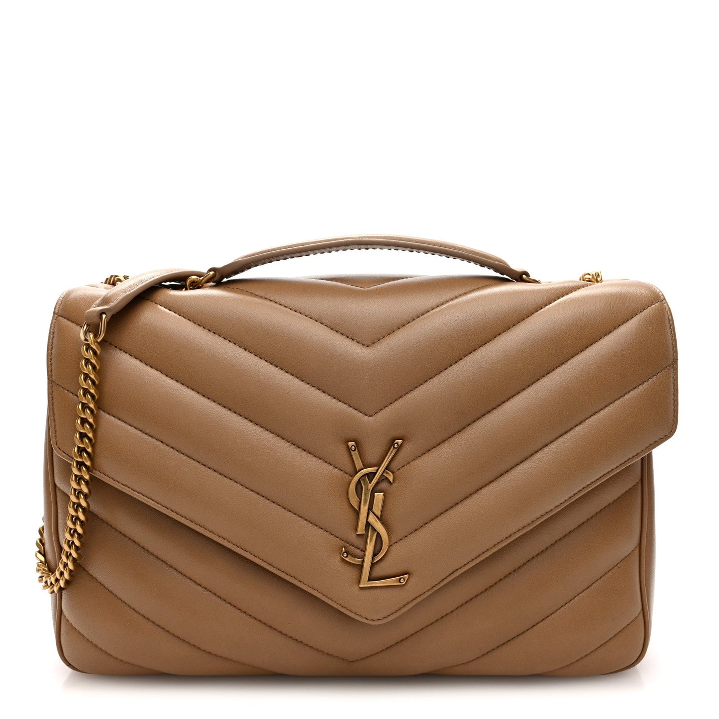 Saint Laurent Lambskin Chevron Quilted Large Loulou Bag Natural Tan