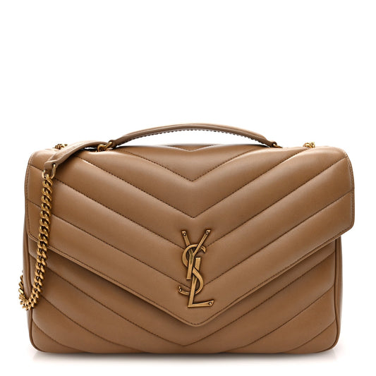Saint Laurent Lambskin Chevron Quilted Large Loulou Bag Natural Tan