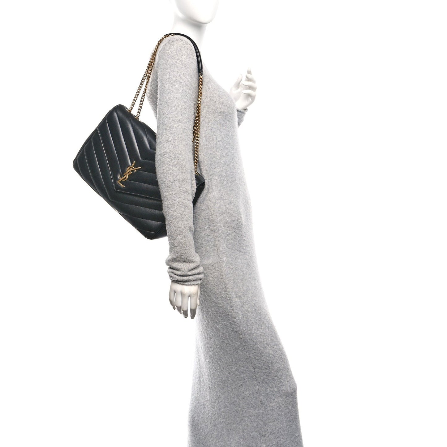Saint Laurent Large LouLou Chevron Quilted Lambskin Leather Shoulder Bag Black