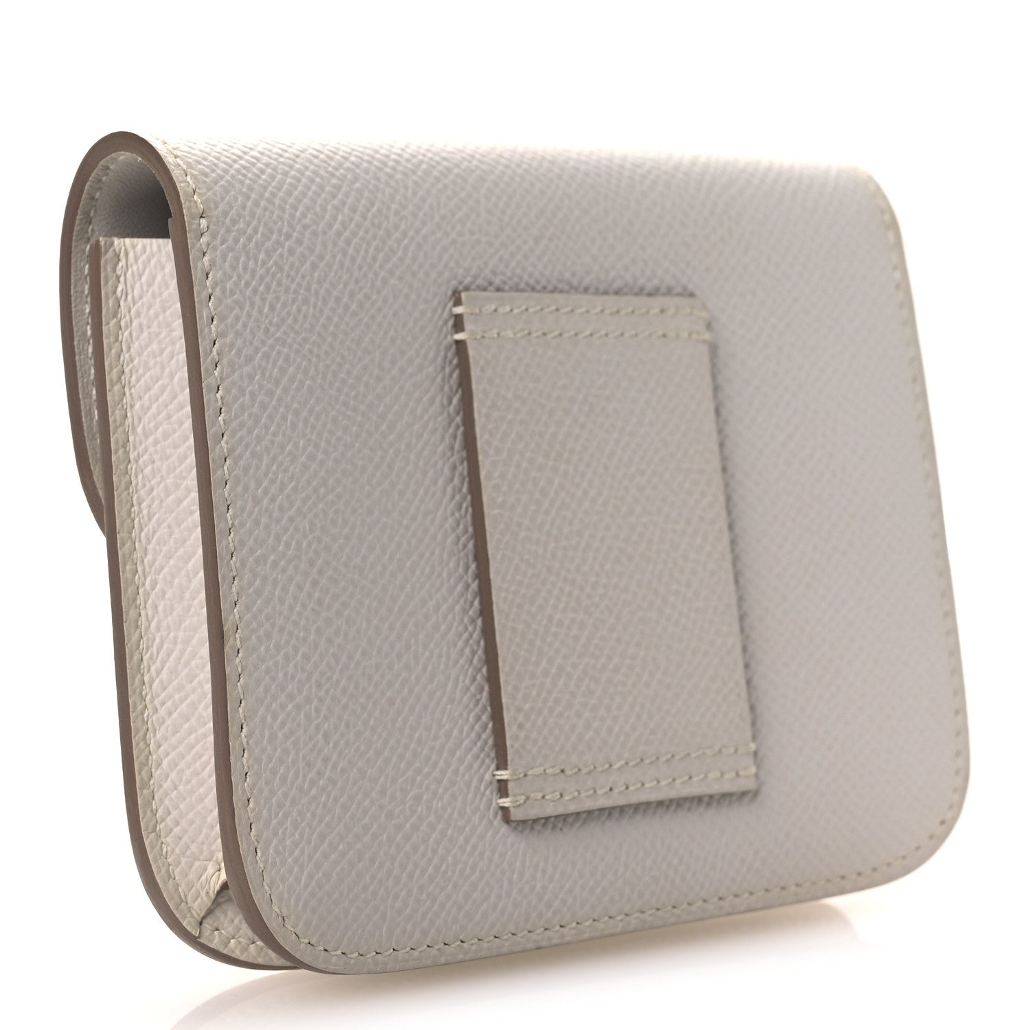 Pale gray leather slim wallet with fold-over flap and stitched front pocket