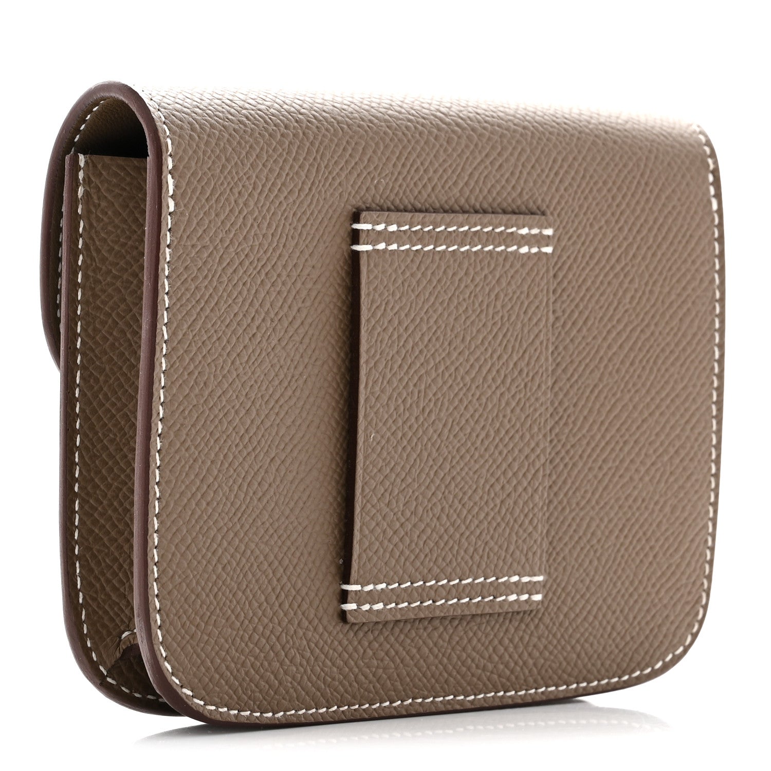 Taupe slim wallet with open view showing textured leather and white stitching
