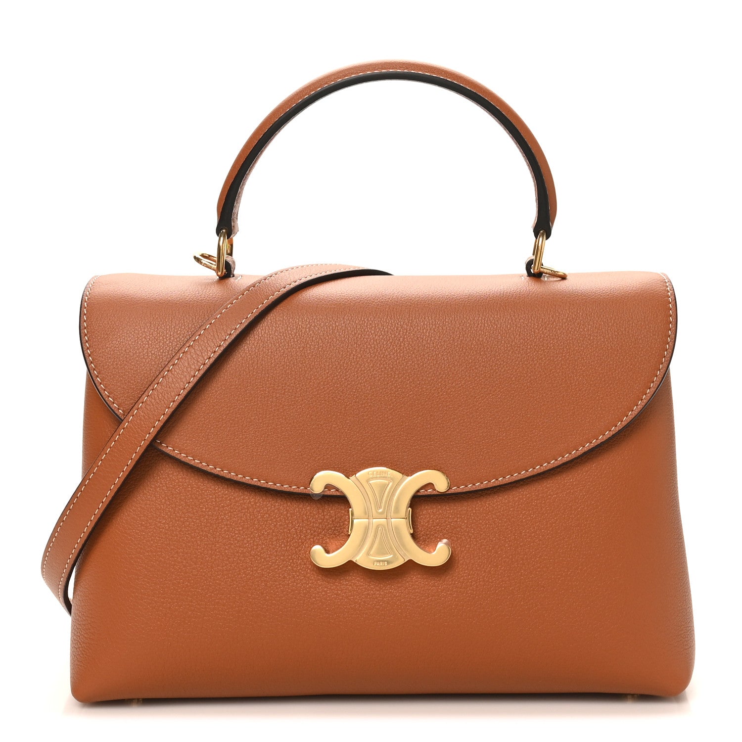 Tan grained calfskin medium handbag with gold logo clasp, top handles, and crossbody strap
