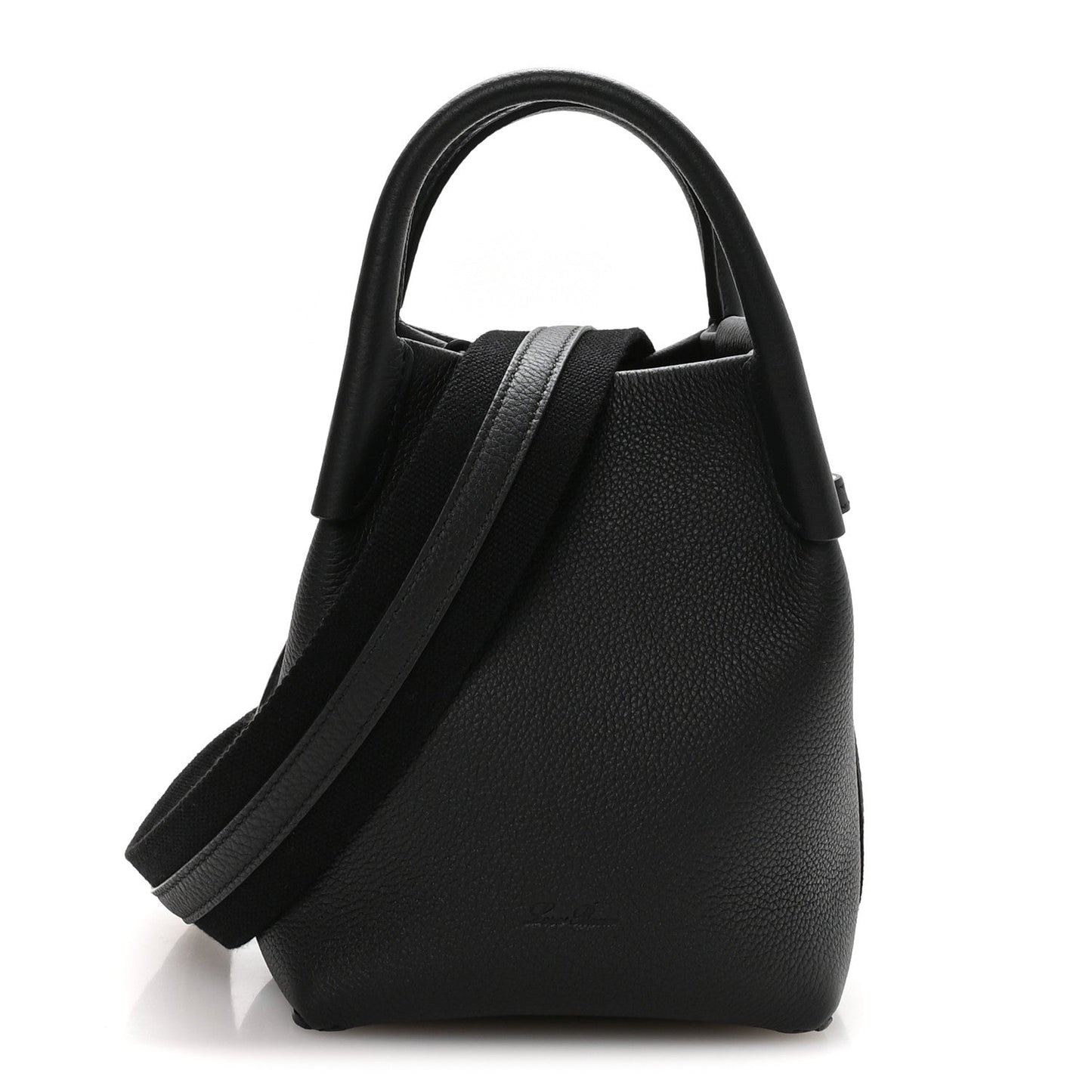 Black grained calfskin micro bale bag with top handles and shoulder strap