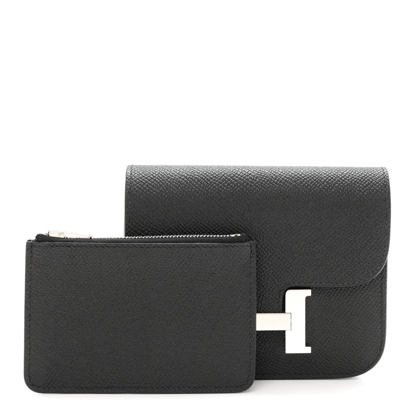 Black slim wallet with flap closed, showing H clasp hardware.