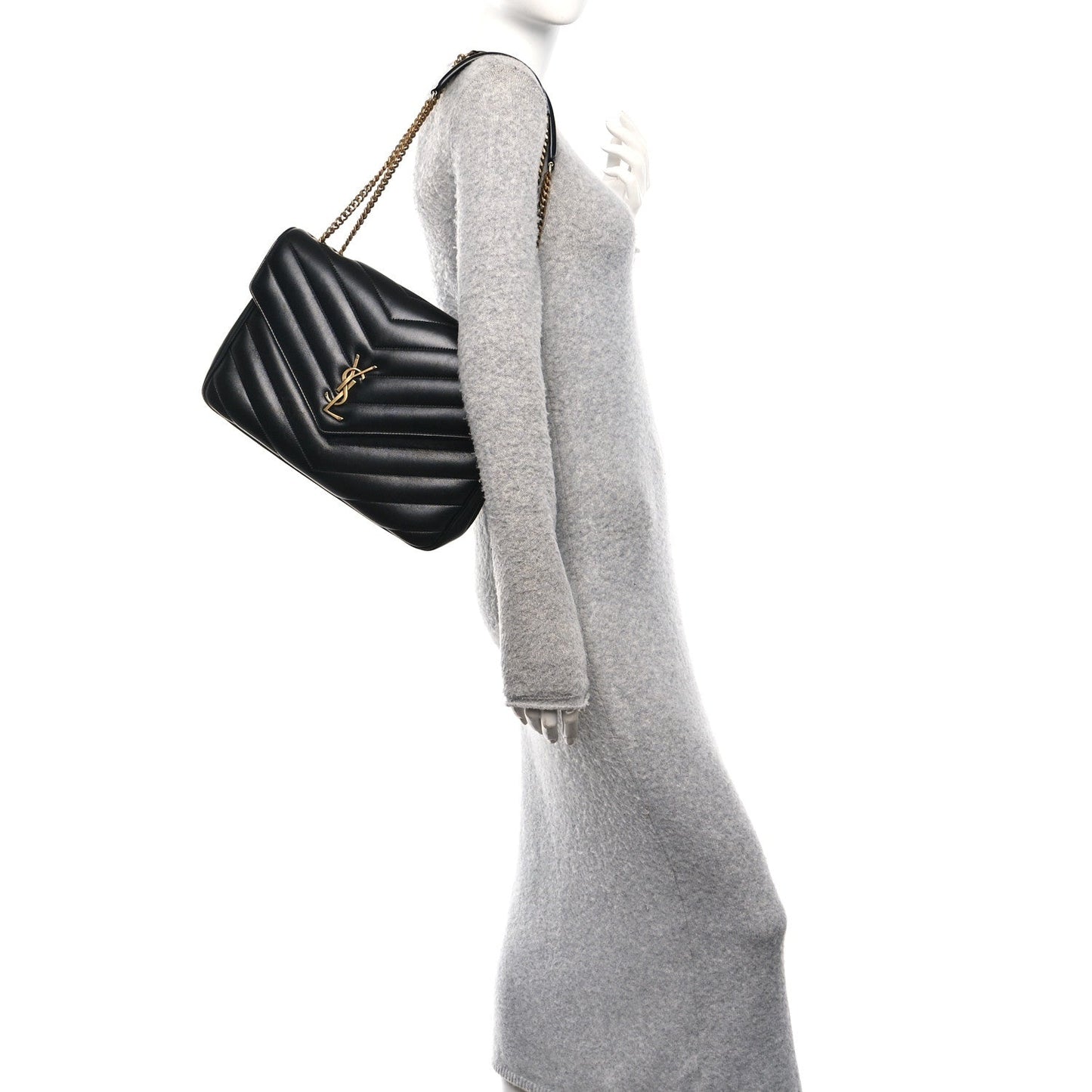Saint Laurent Lambskin Chevron Quilted Large LouLou Shoulder Bag Black