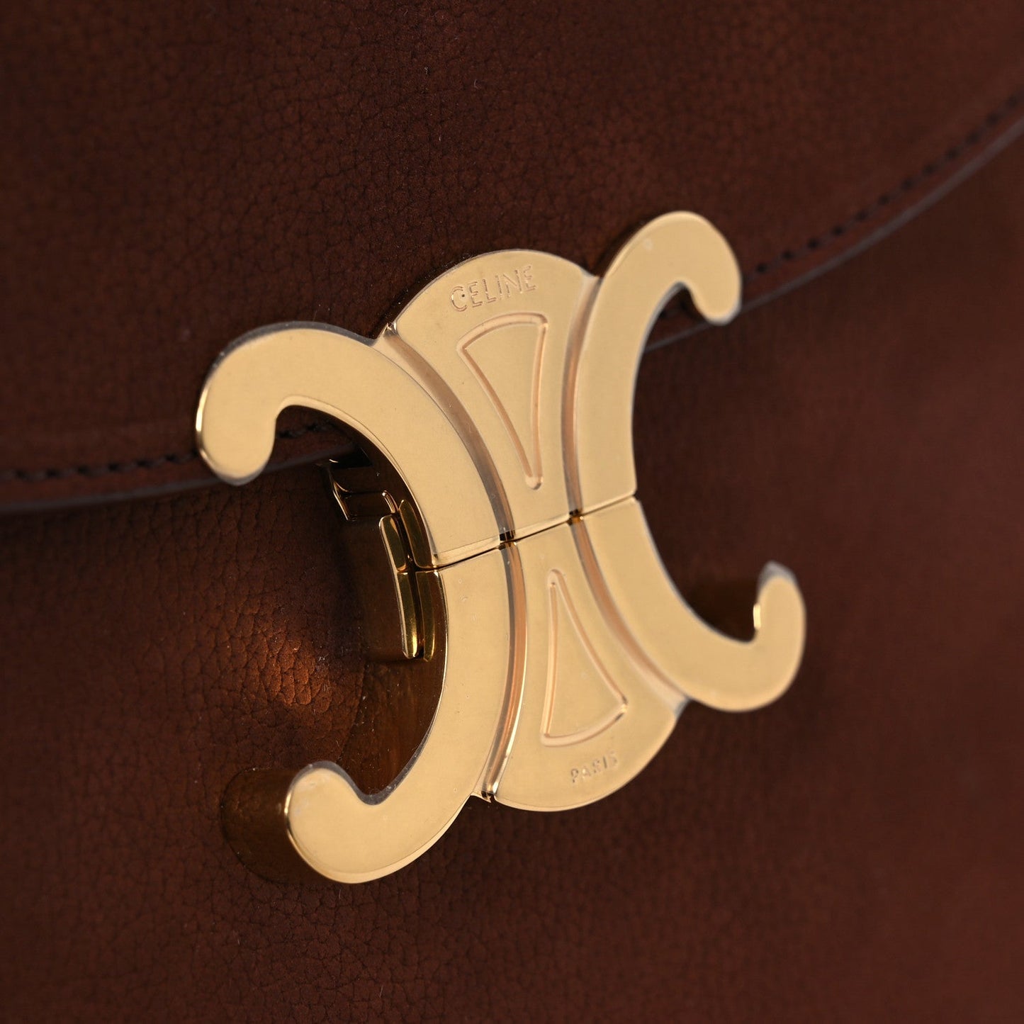 Chestnut leather bag clasp with gold Celine logo medallion hardware