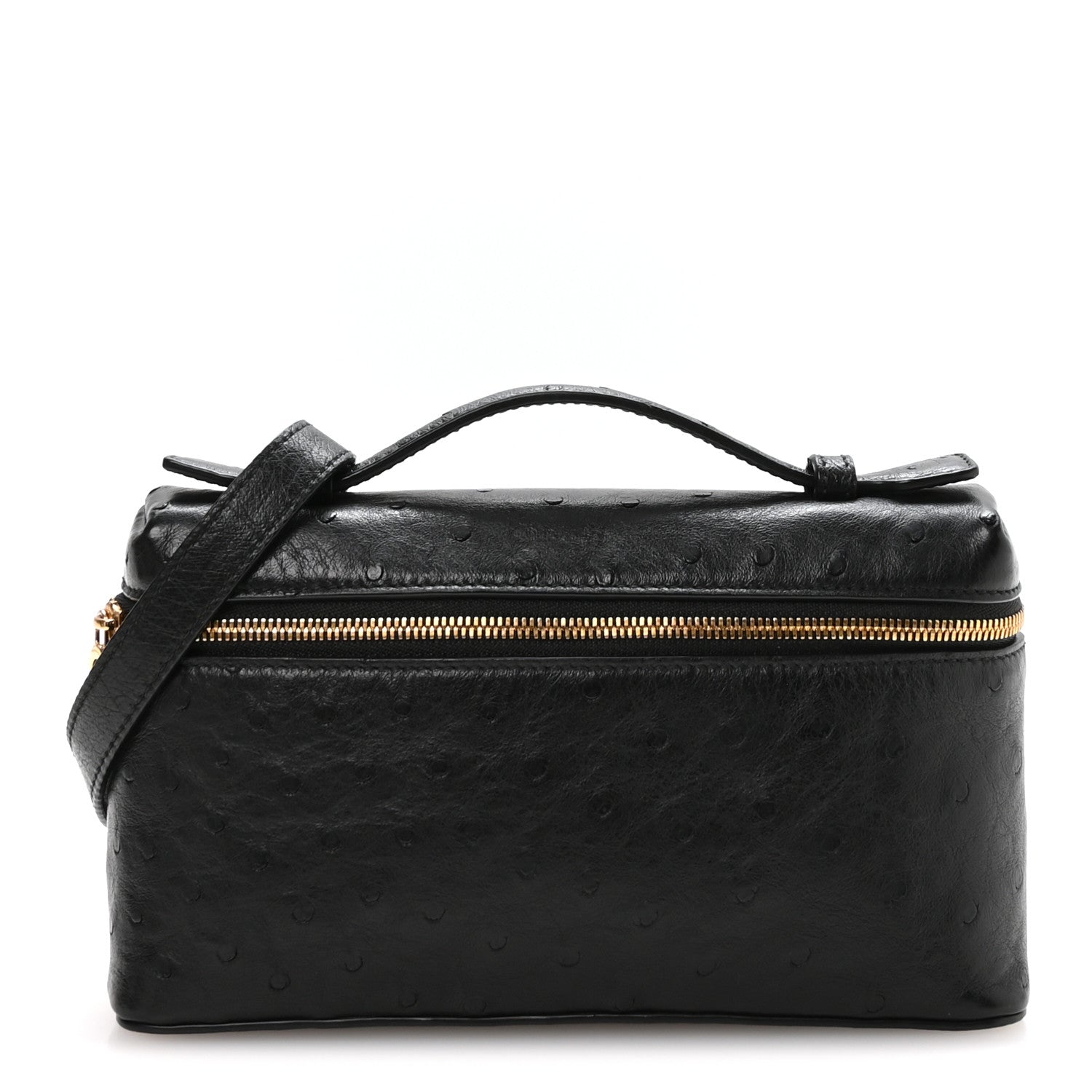 Black ostrich pocket pouch with top handle and gold-tone zipper closure