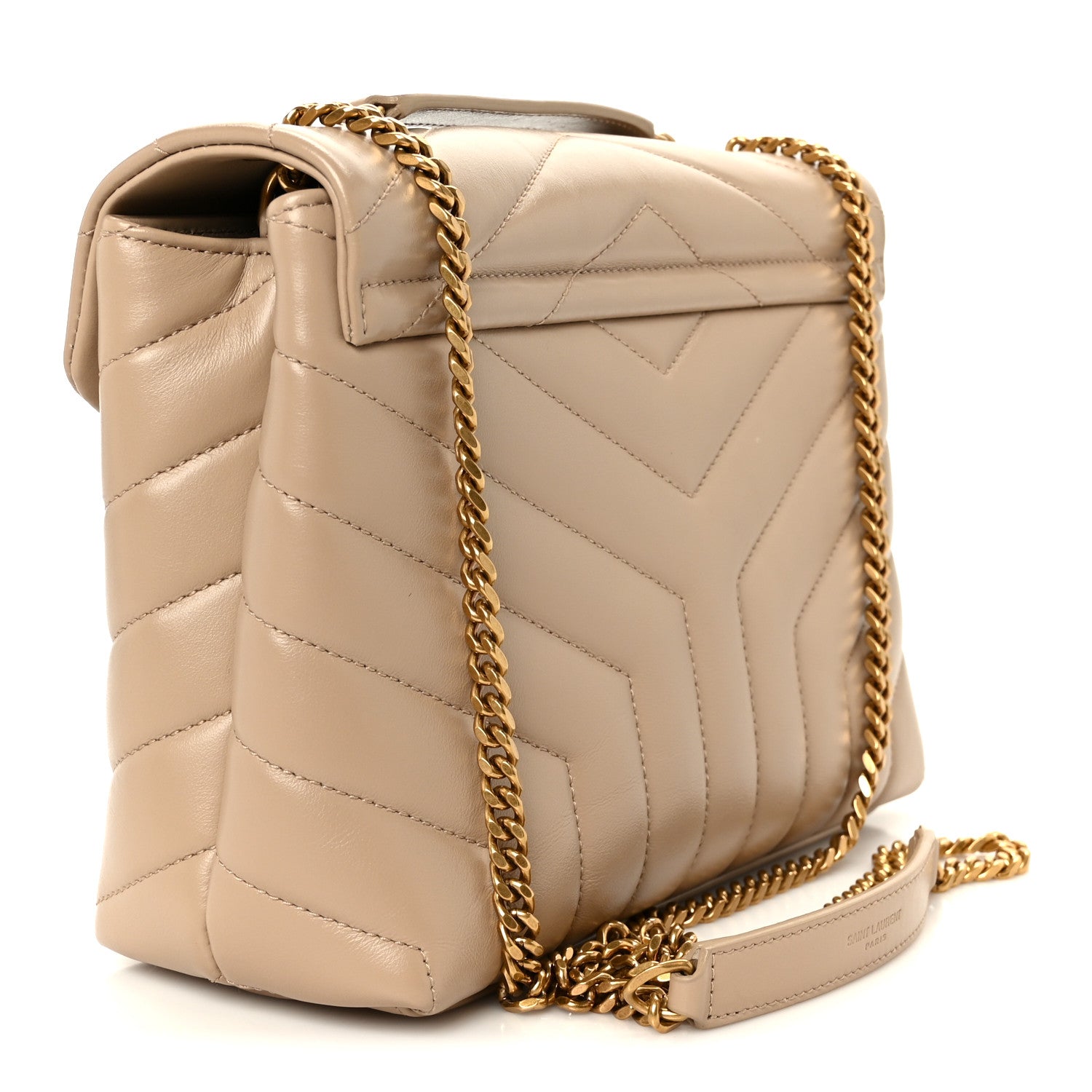 Saint Laurent Calfskin Y Quilted Monogram Small Loulou Chain Satchel Dark Beige
