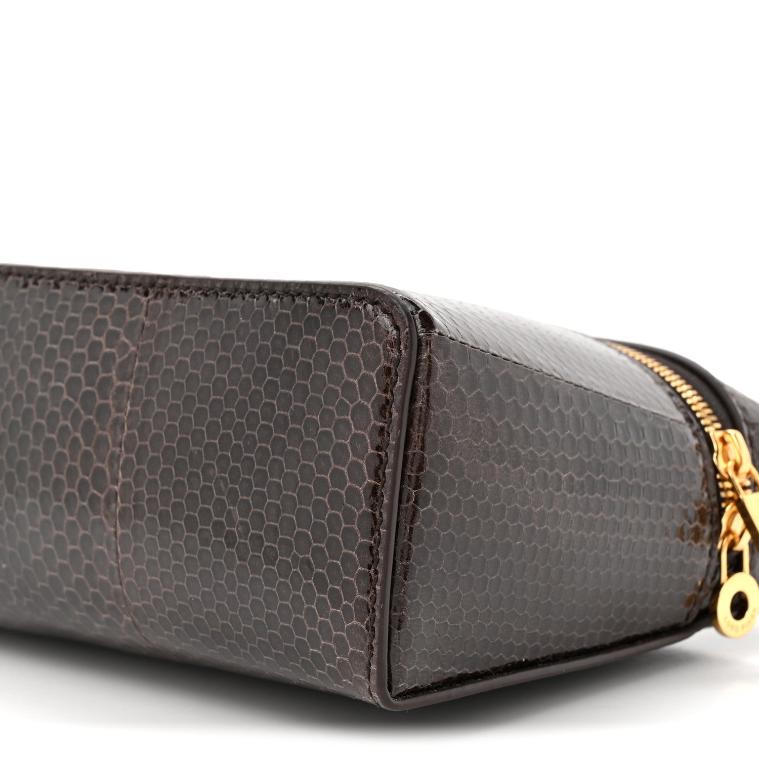 Loro Piana lizard leather pouch end panel with gold zipper pull and dark brown leather
