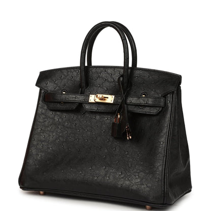 Hermes Birkin 25 Handbag Black Ostrich Leather Rose Gold Hardware - NEESTRA