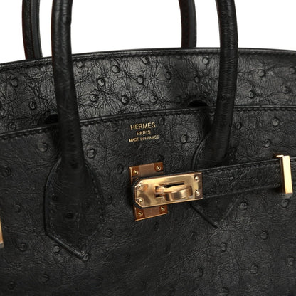 Hermes Birkin 25 Handbag Black Ostrich Leather Rose Gold Hardware - NEESTRA