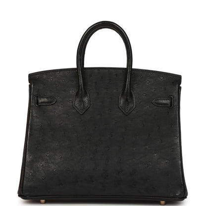 Hermes Birkin 25 Handbag Black Ostrich Leather Rose Gold Hardware - NEESTRA