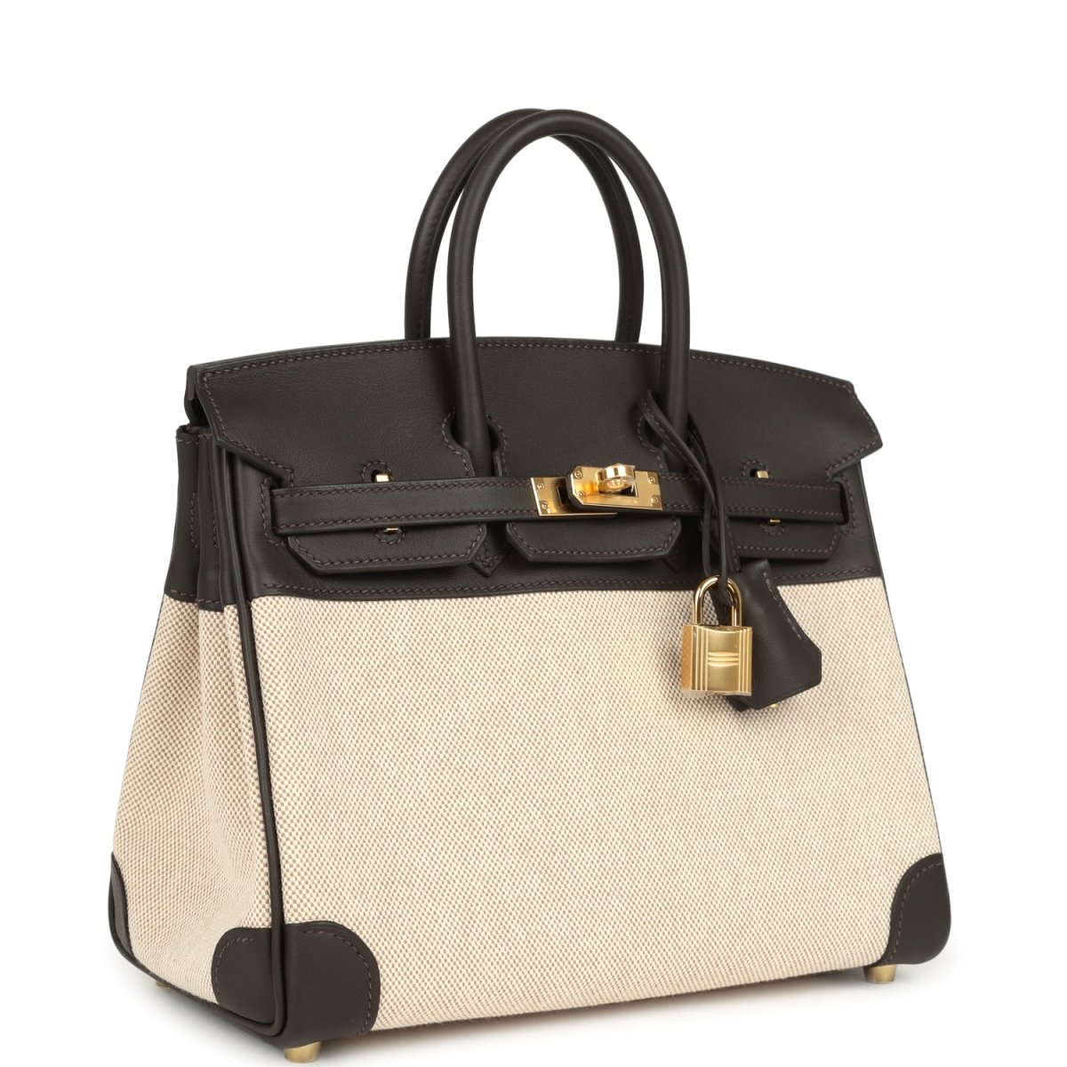 Hermes Birkin 25 Handbag Toile H Canvas Swift Leather Gold - NEESTRA
