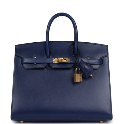 Hermes Birkin 25 Sellier Handbag Bleu Saphir Box Calfskin Gold - NEESTRA