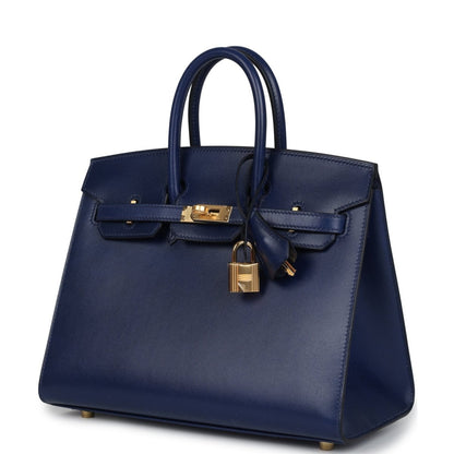 Hermes Birkin 25 Sellier Handbag Bleu Saphir Box Calfskin Gold - NEESTRA