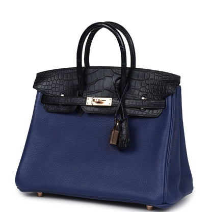 Hermes Birkin 25 Touch Handbag Bleu Saphir Alligator Rose Gold - NEESTRA