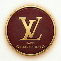 Louis Vuitton logo on a round, maroon leather patch with gold border.